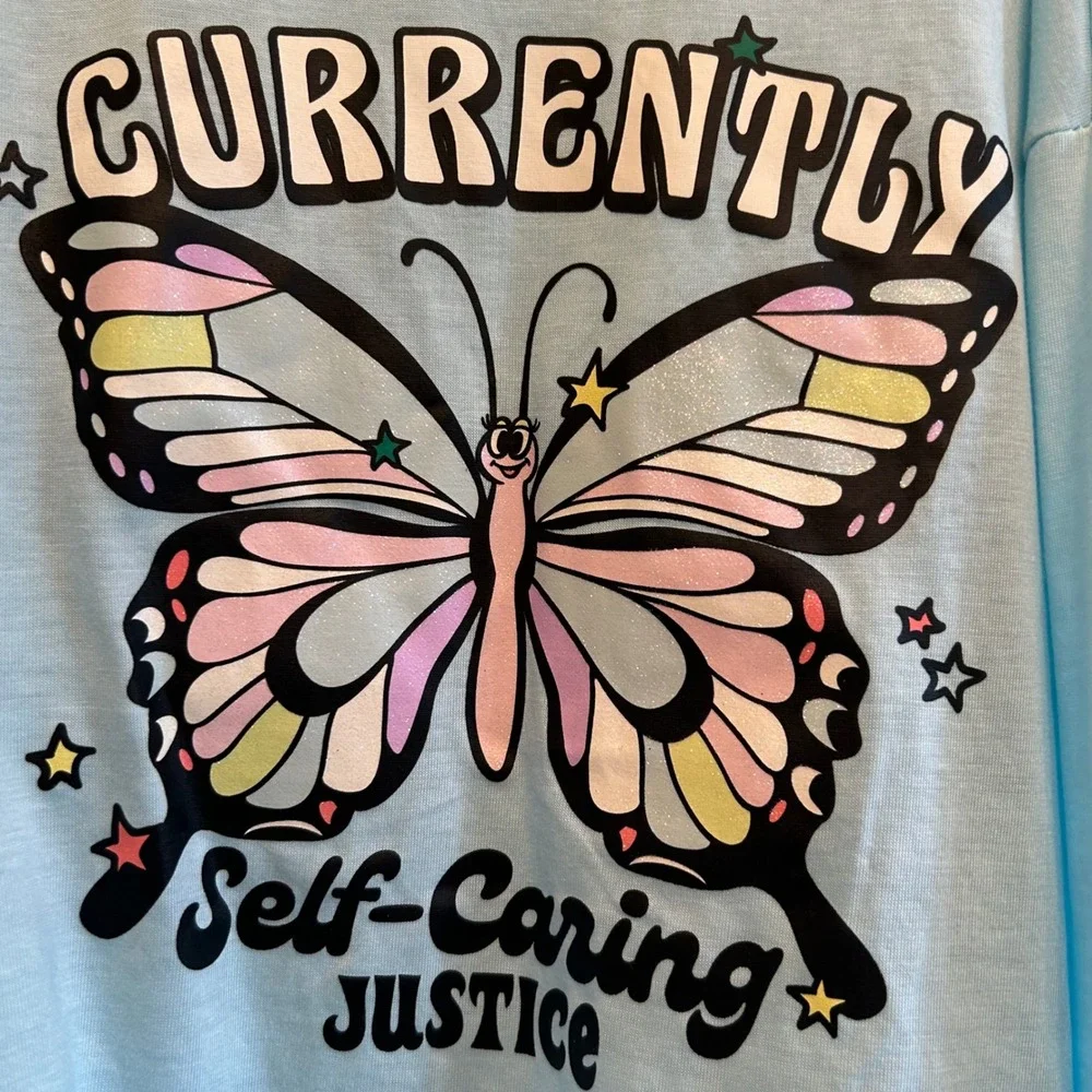 Justice Girls Sleep Top Size 14 Blue Butterfly Graphic Long Sleeve‎ Shirt